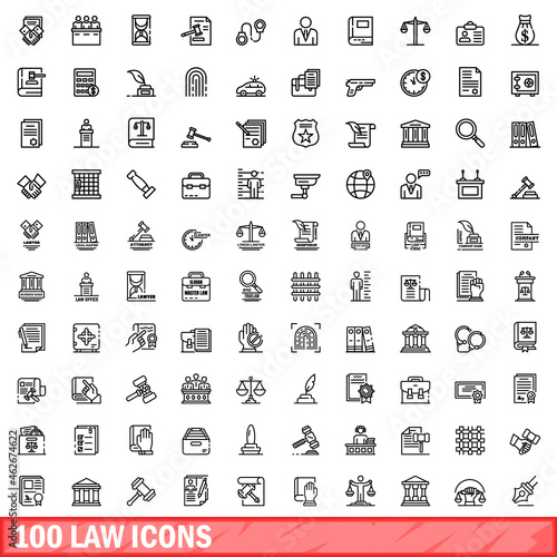 100 law icons set. Outline illustration of 100 law icons vector set isolated on white background
