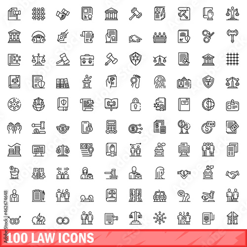 100 law icons set. Outline illustration of 100 law icons vector set isolated on white background