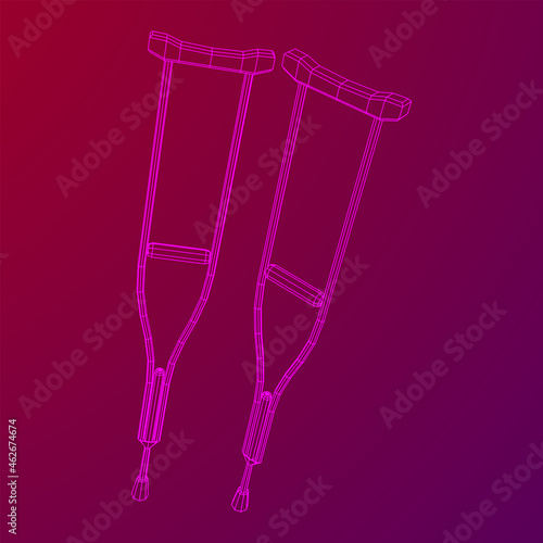 Crutches medical walking sticks for rehabilitation of broken leg. Treatment of people with leg injuries. Wireframe low poly mesh vector illustration.