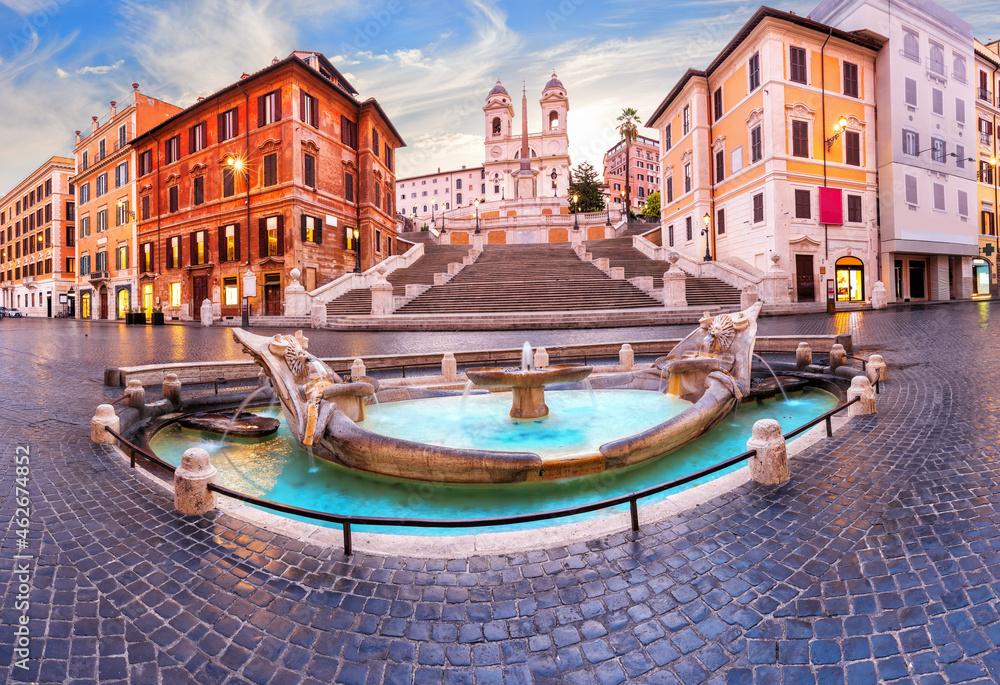 Fountain of the Boat at sunrise by the Spanish Steps, Rome, Italy