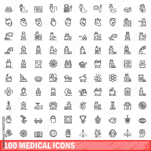 100 medical icons set. Outline illustration of 100 medical icons vector set isolated on white background photo