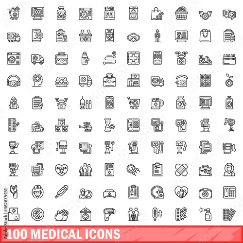 100 medical icons set. Outline illustration of 100 medical icons vector set isolated on white background