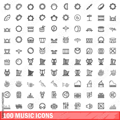 100 music icons set. Outline illustration of 100 music icons vector set isolated on white background