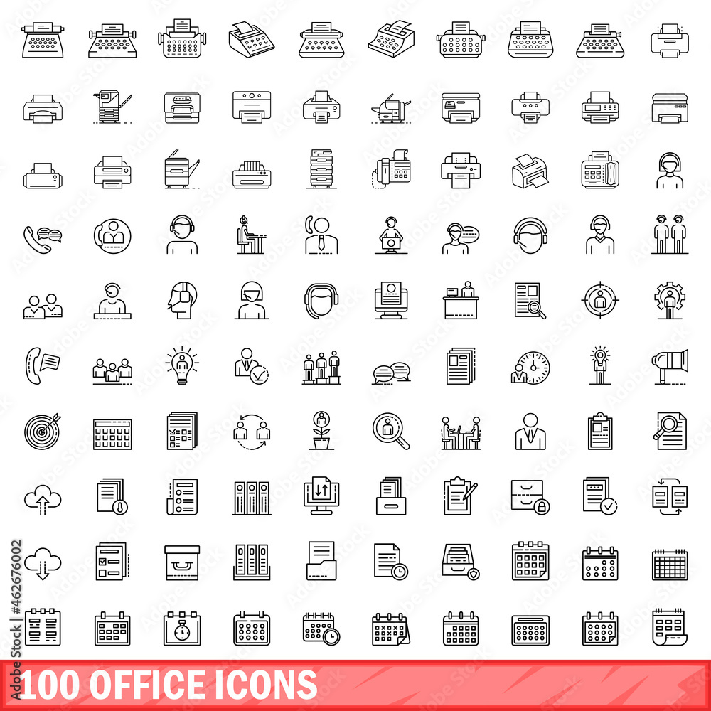 100 office icons set. Outline illustration of 100 office icons vector set isolated on white background