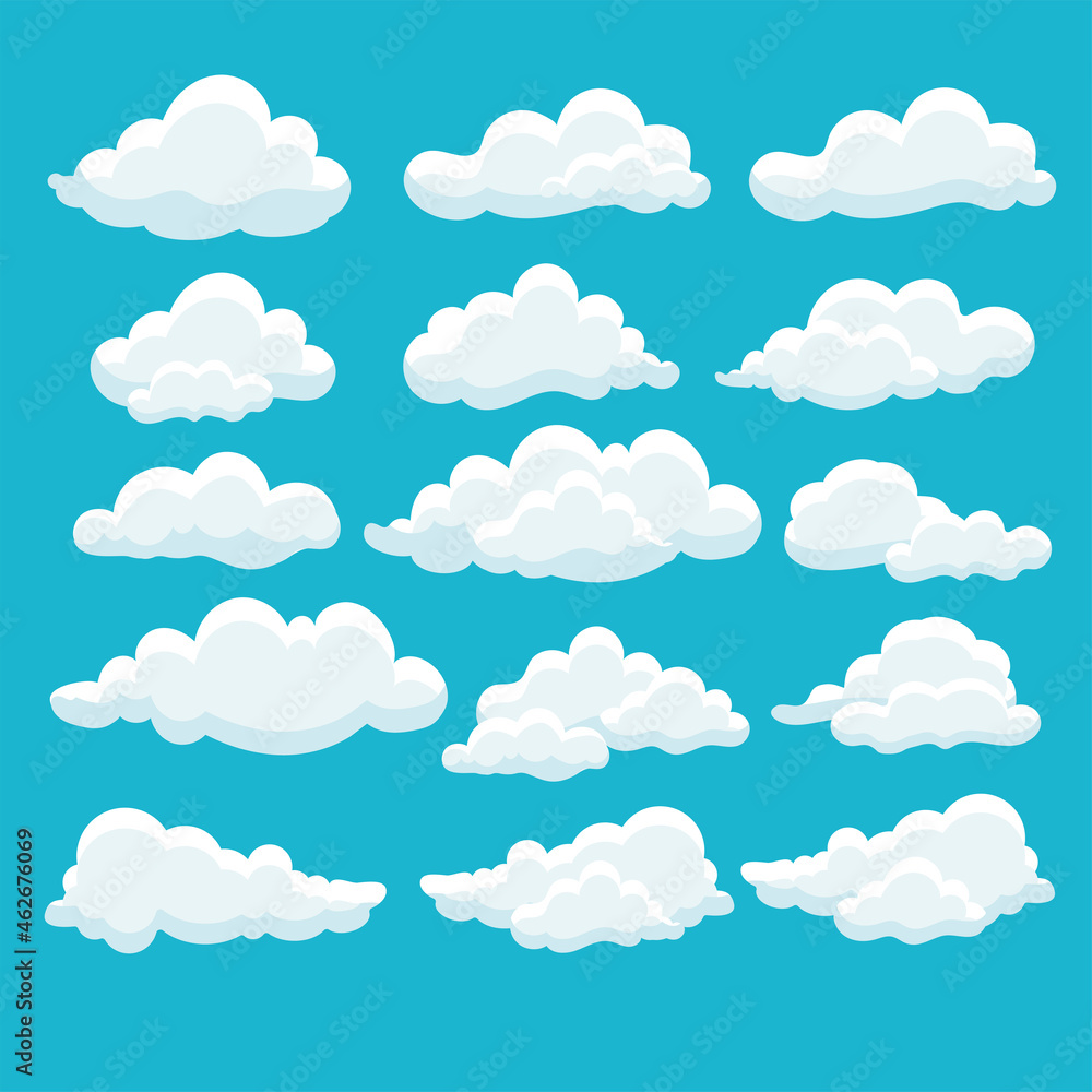 Cartoon white clouds icon set isolated on blue