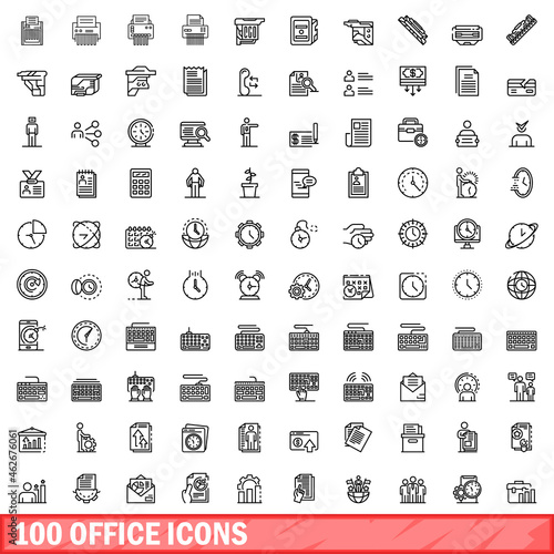 100 office icons set. Outline illustration of 100 office icons vector set isolated on white background