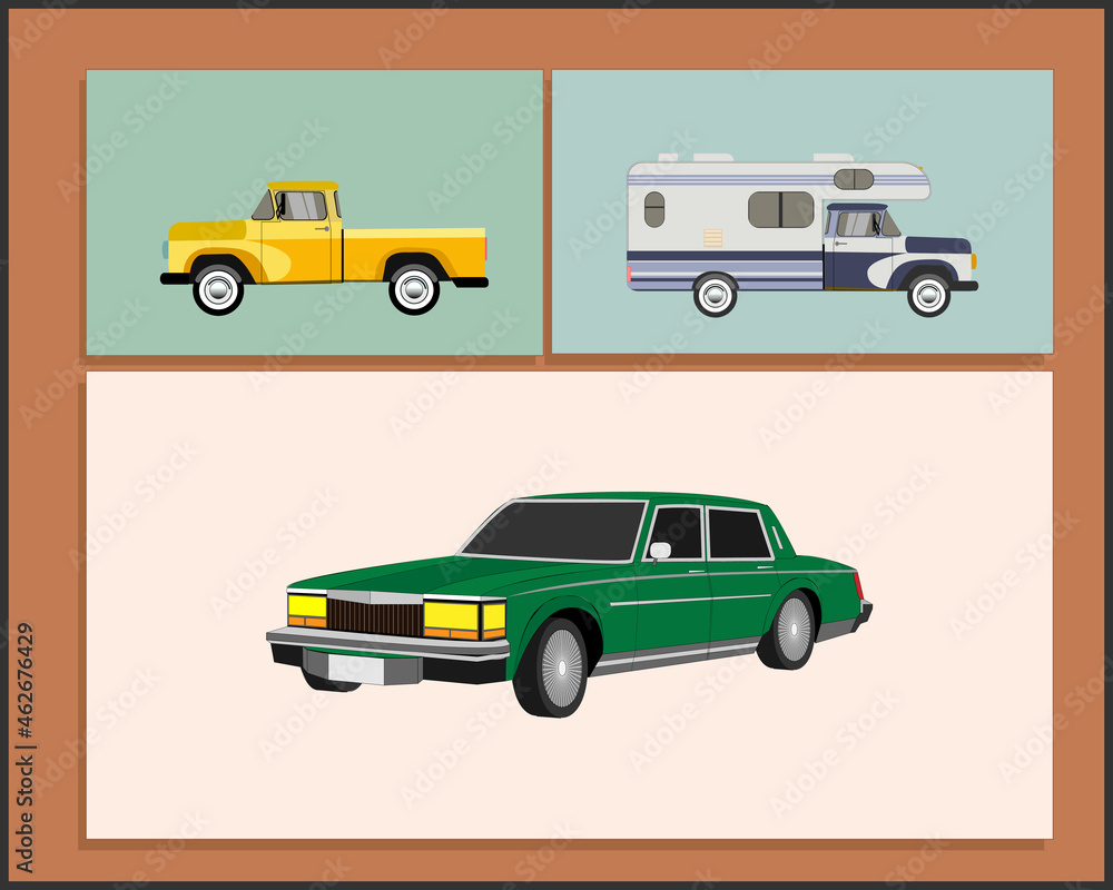 Painting with different old cars. 20th century American culture