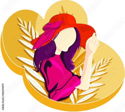 girl in a hat in a thicket of tropical plants