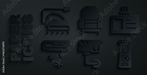 Set Security camera, Identification badge, Air conditioner, Remote control, Armchair and Electric iron icon. Vector