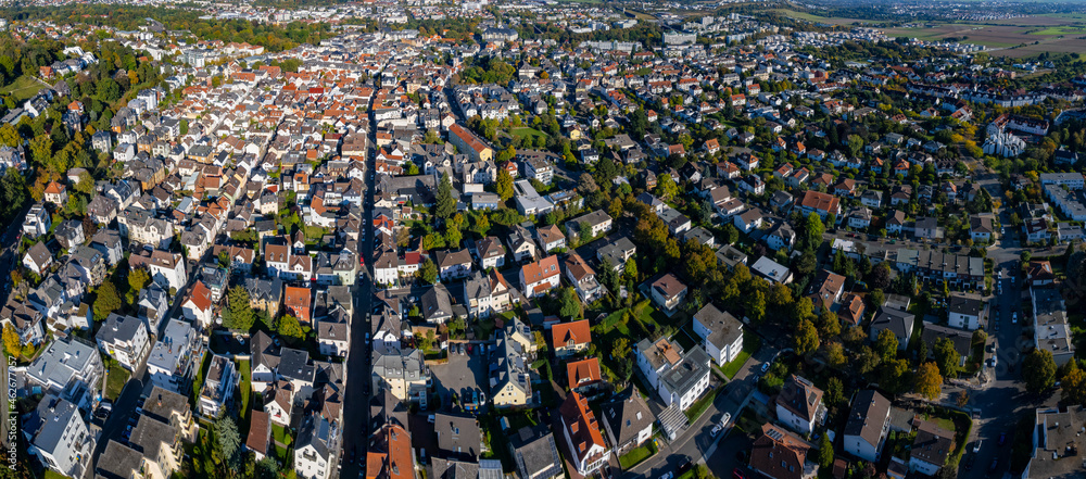 Aerial view of the city Bad Nauheim, in Germany, hesse on a sunny morning in late summer.