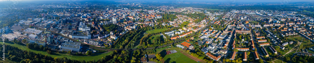 Aerial view of the city Hanau in Germany, hesse on a sunny morning in late summer.