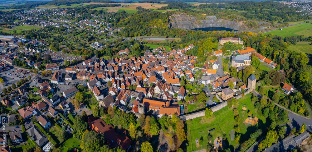 Aerial view of the city Ortenberg in Germany, hesse on a sunny morning in late summer.