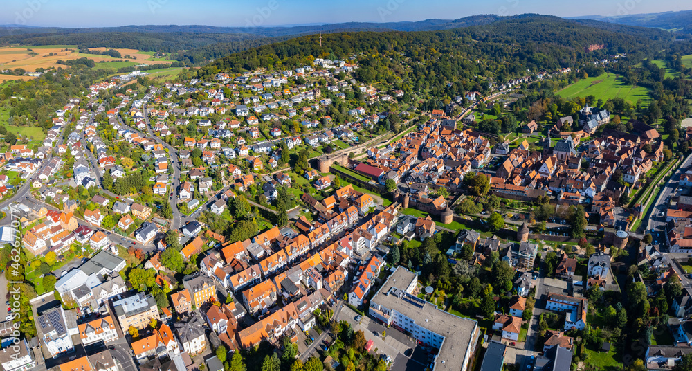 Aerial view of the city Büdingen on a sunny day in summer.