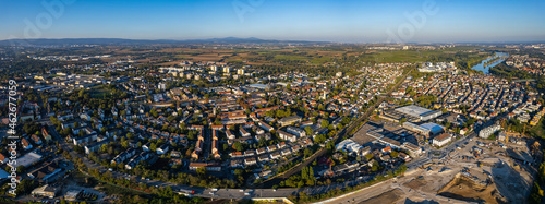 Aerial view of the city Mainz Kostheim in Germany, hesse on a sunny sunst in late summer