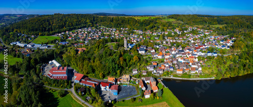 Aerial view of the village Lißberg in Germany on sunny day in summer.