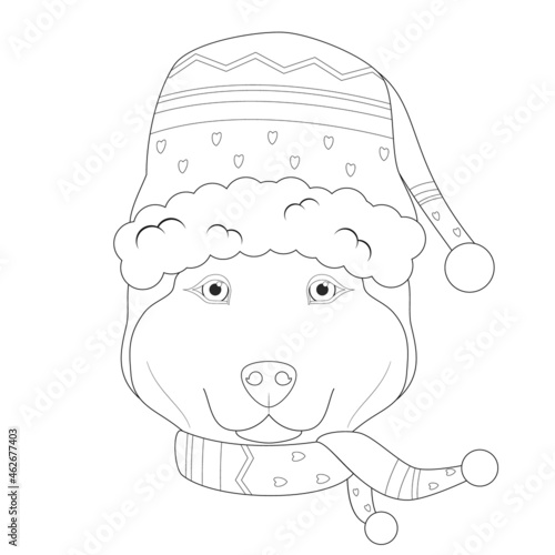Christmas greeting card for coloring. Siberian Husky dog wearing a scarf and a woolen cap for winter