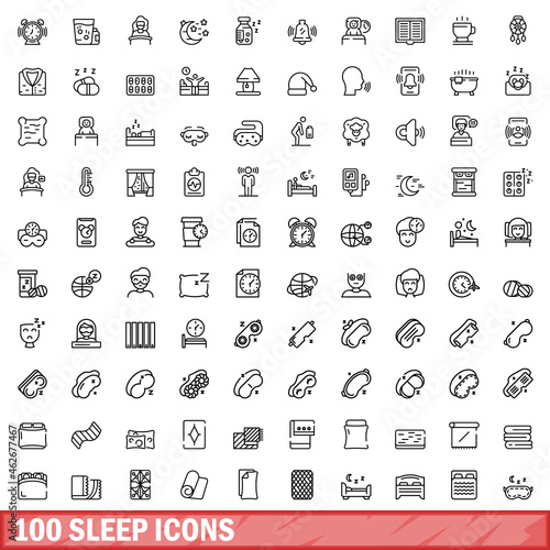 100 sleep icons set. Outline illustration of 100 sleep icons vector set isolated on white background