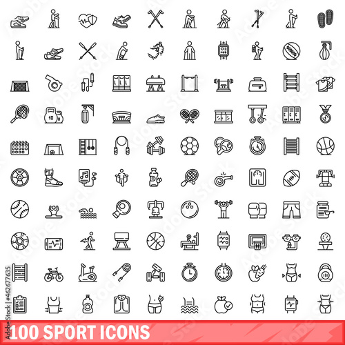 100 sport icons set. Outline illustration of 100 sport icons vector set isolated on white background