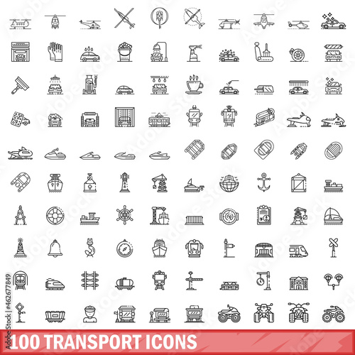 100 transport icons set. Outline illustration of 100 transport icons vector set isolated on white background
