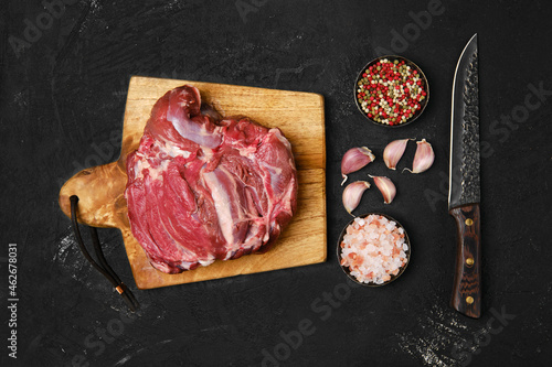 Fototapeta Top view of raw lamb cump ready for cooking