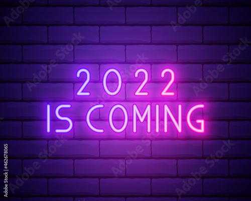 2022 neon signboard. Happy New Year. Realistic pink neon numbers on dark brick wall. Vector 2022 in neon linear style.