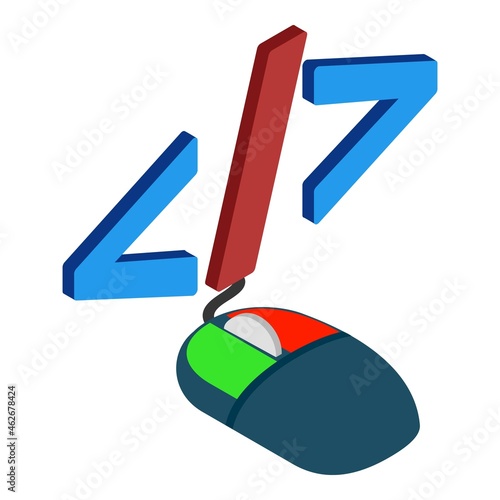Computer accessory icon isometric vector. Computer mouse, greater sign, less sign. Concept of technology, less, more