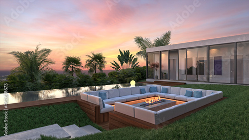3D Rendering of contemporary luxury villa with panorama on the sea, swimming pool and exterior fireplace