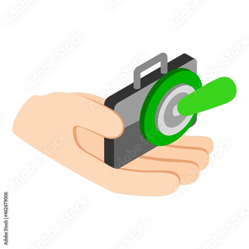 Business insurance icon isometric vector. Hand holding briefcase, toggle switcher. Financial insurance, protection concept