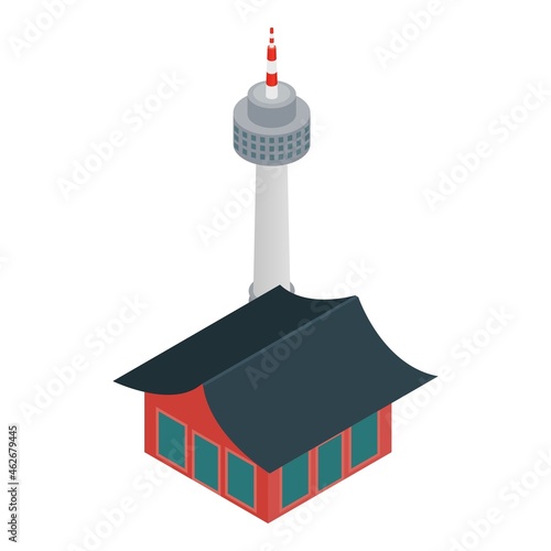 Seoul landmark icon isometric vector. Namsan tower and traditional korean house. Symbol seoul, korean architecture
