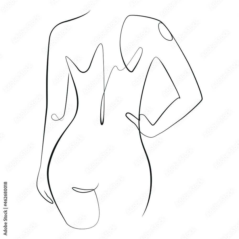 Silhouette of a young woman standing with her back, line art on white isolated background Silhouette of a young woman standing with her back, line art on white isolated background