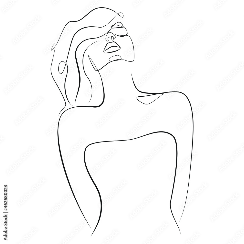 Silhouette of a young woman with a raised chin and fluttering hair in the wind, line art on white isolated background