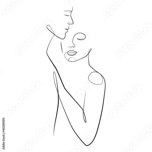 Loving couple line art on white isolated background. Young woman gently placed her hand on the man's chest