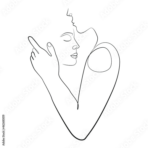 Loving couple line art on white isolated background. A young man gently kisses his beloved woman on the forehead. 