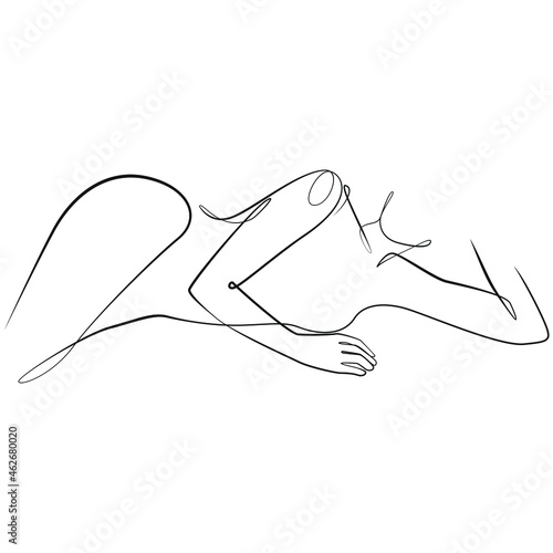Silhouette of a young woman lying on her side and leaning on her arm line art on white isolated background 