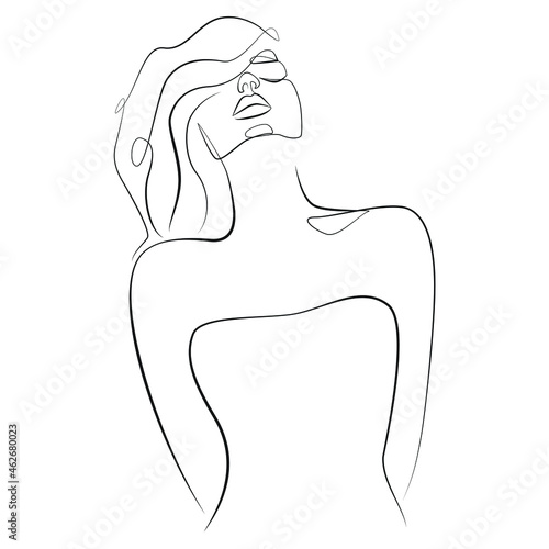 Silhouette of a young woman with a raised chin and fluttering hair in the wind, line art on white isolated background