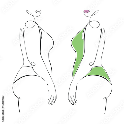 Two curvy woman in swimsuits line art on white isolated background, plus size model. Body positive concept