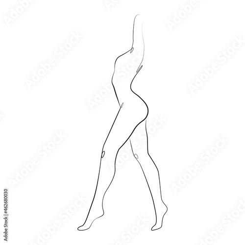 Silhouette of walking nude young woman line art on white isolated background