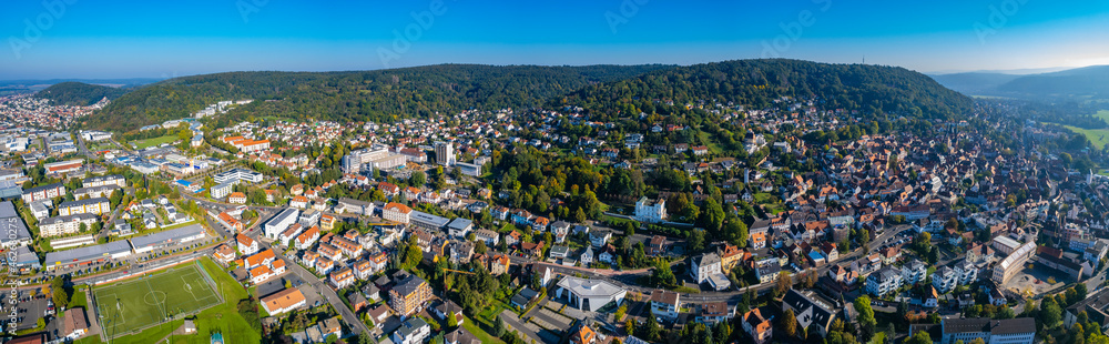 Aerial around the town Gelnhausen in Germany, Hesse on an early spring day.
