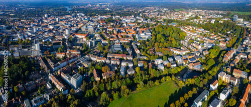 Aerial view around the town Hanau in Germany on a sunny morning in late summer.