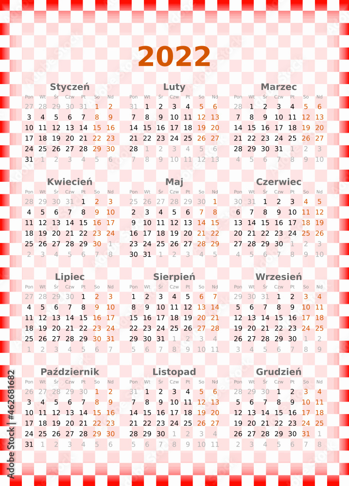 Kalendarz na 2022 rok - język polski - 12 miesięcy. - obrazy, fototapety, plakaty 