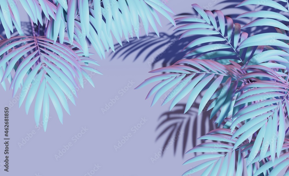 Branch palm realistic. Leaves and branches of palm trees. Tropical leaf background. Nacreous foliage, tropic leaves pattern. View from above. Mockup for podium display or showcase. 3d render.