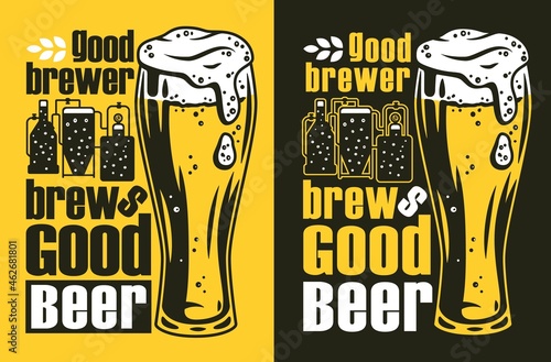 Beer poster with glass of beer for bar. Bar poster with advertising quote of craft beer for design of pab or brewery