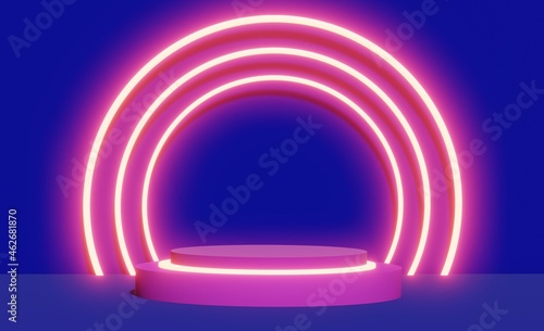 Fototapeta Naklejka Na Ścianę i Meble -  Blank product stand with neon lights on dark background with palm leaves silhouette. Disco podium with geometric shapes empty in purple or violet composition for modern stage display. 3d rendering. 