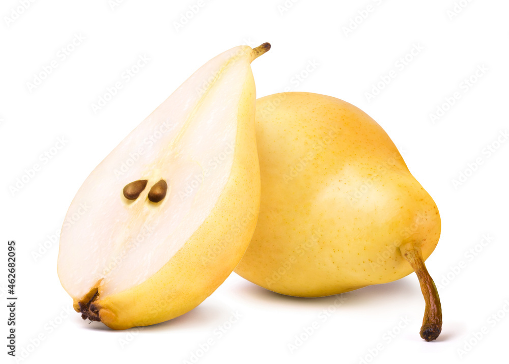 Ripe yellow pear and half pear slice isolated on white background. Fresh fruits. Ripe yellow pear and half pear slice isolated on white background. Fresh fruits.