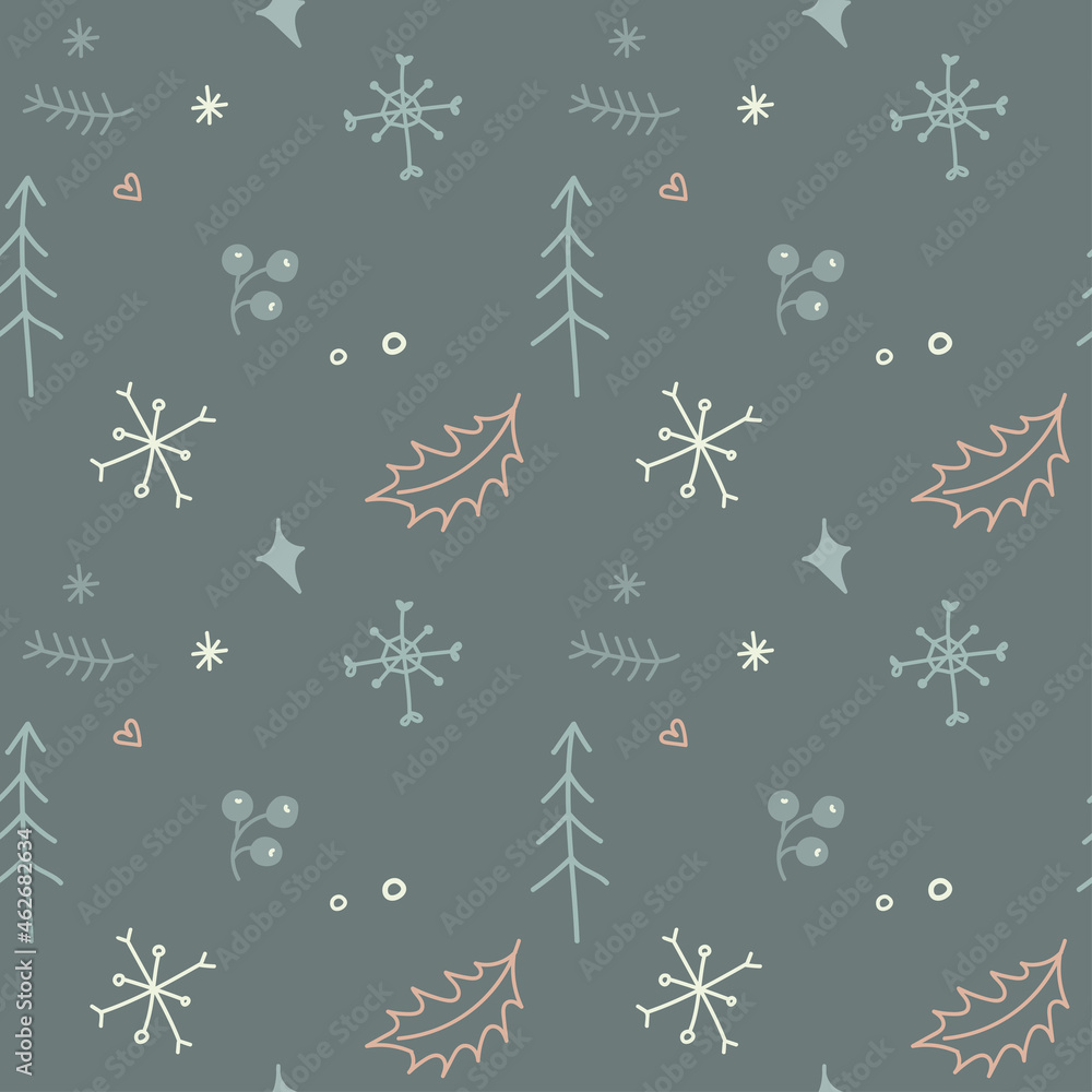 Minimalistic scandinavian seamless pattern, doodle style, stylish seamless winter background for fabric, paper