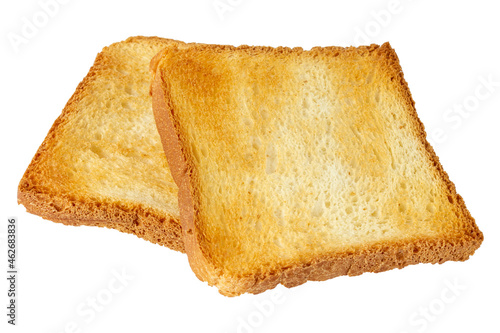 Two slices of fried bread on a white plate. Toast isolated on white.