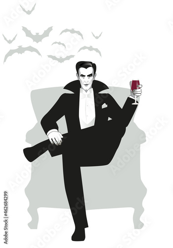 Elegant vampire sitting in an armchair holding a glass of wine or blood under a group of bats.