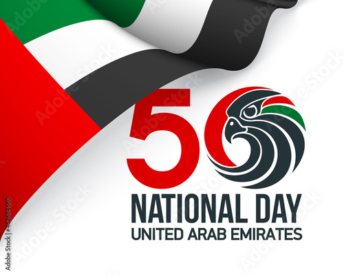 50 UAE national day logo with falcon head icon in the UAE flag colors illustration banner. Sign of United Arab Emirates 2 December Spirit of the union 50 National day Anniversary Celebration Card 2021