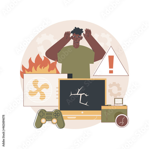 Defective product abstract concept vector illustration. Manufacturing or design defect, broken equipment, computer upgrade, seller warranty, lawsuit risk, company responsibility abstract metaphor.