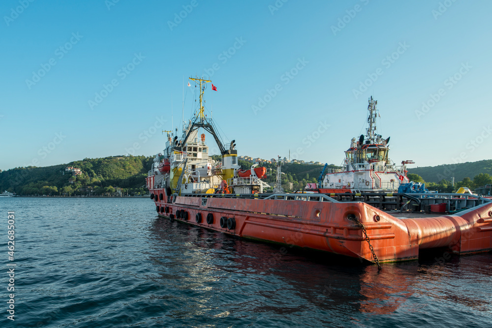 Fototapeta premium Tugboats moored on the shore of the Bosphorus channel north of Istanbul